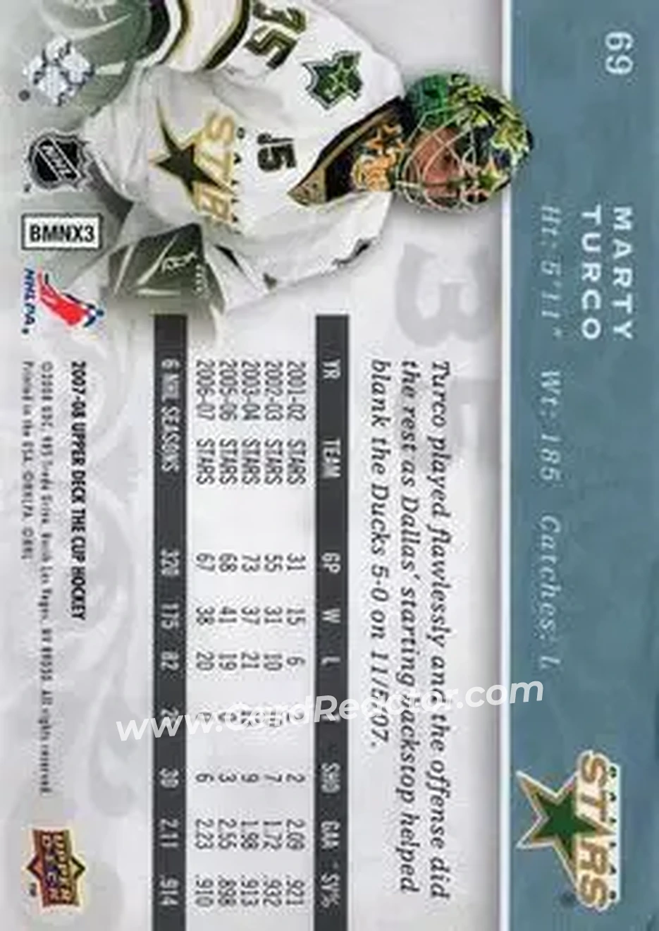 2007-08 Upper Deck The Cup #69 - Marty Turco - Dallas Stars - Back 2007-08 Upper Deck The Cup #69 - Marty Turco - Dallas Stars - Back