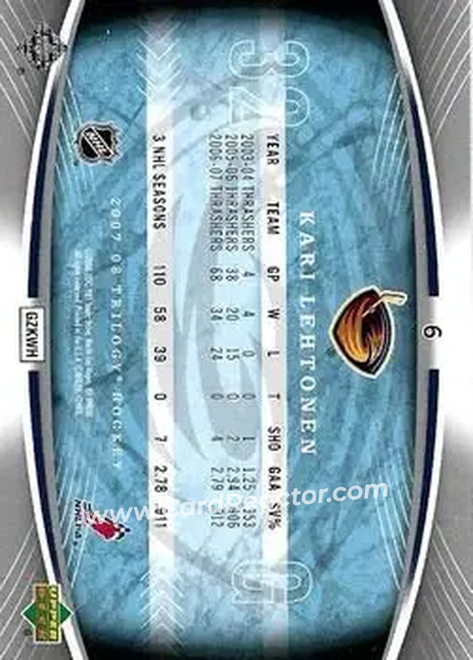 2007-08 Upper Deck Trilogy #6 - Kari Lehtonen - Atlanta Thrashers - Back