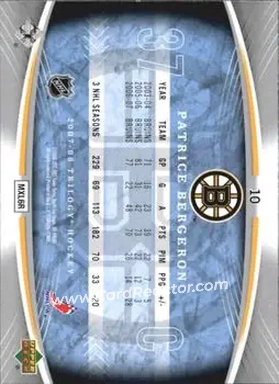 2007-08 Upper Deck Trilogy #10 - Patrice Bergeron - Boston Bruins - Back