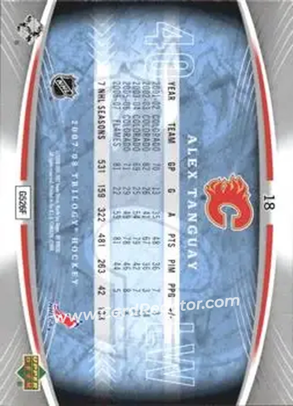 2007-08 Upper Deck Trilogy #18 - Alex Tanguay - Calgary Flames - Back