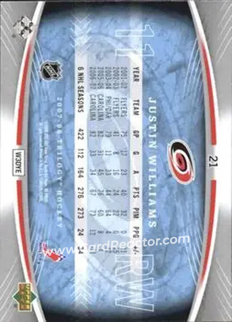 2007-08 Upper Deck Trilogy #21 - Justin Williams - Carolina Hurricanes - Back