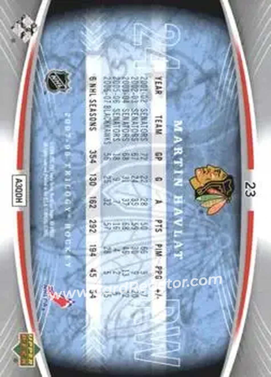 2007-08 Upper Deck Trilogy #23 - Martin Havlat - Chicago Blackhawks - Back 2007-08 Upper Deck Trilogy #23 - Martin Havlat - Chicago Blackhawks - Back