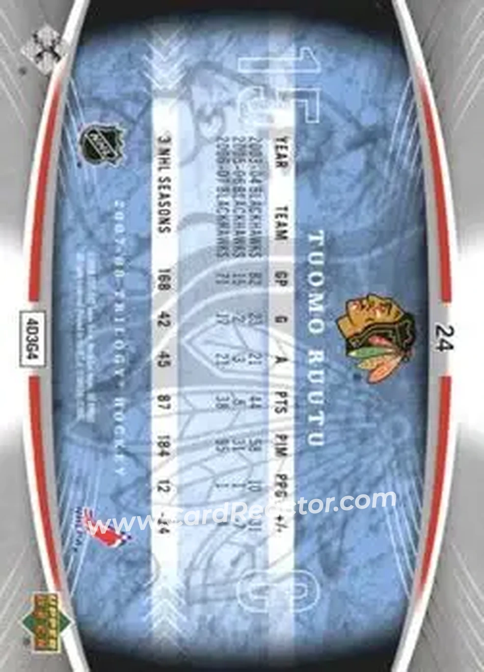 2007-08 Upper Deck Trilogy #24 - Tuomo Ruutu - Chicago Blackhawks - Back