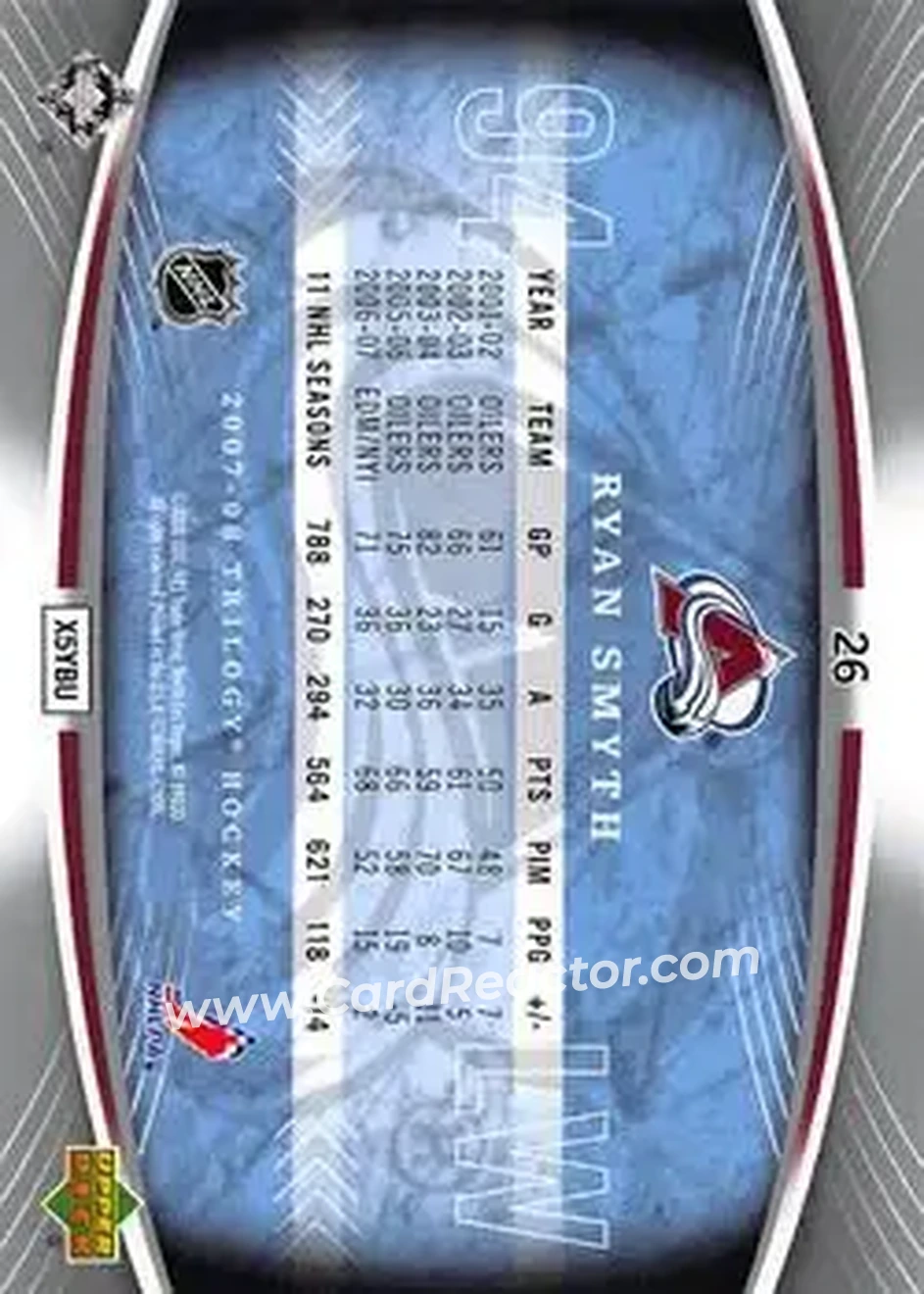 2007-08 Upper Deck Trilogy #26 - Ryan Smyth - Colorado Avalanche - Back