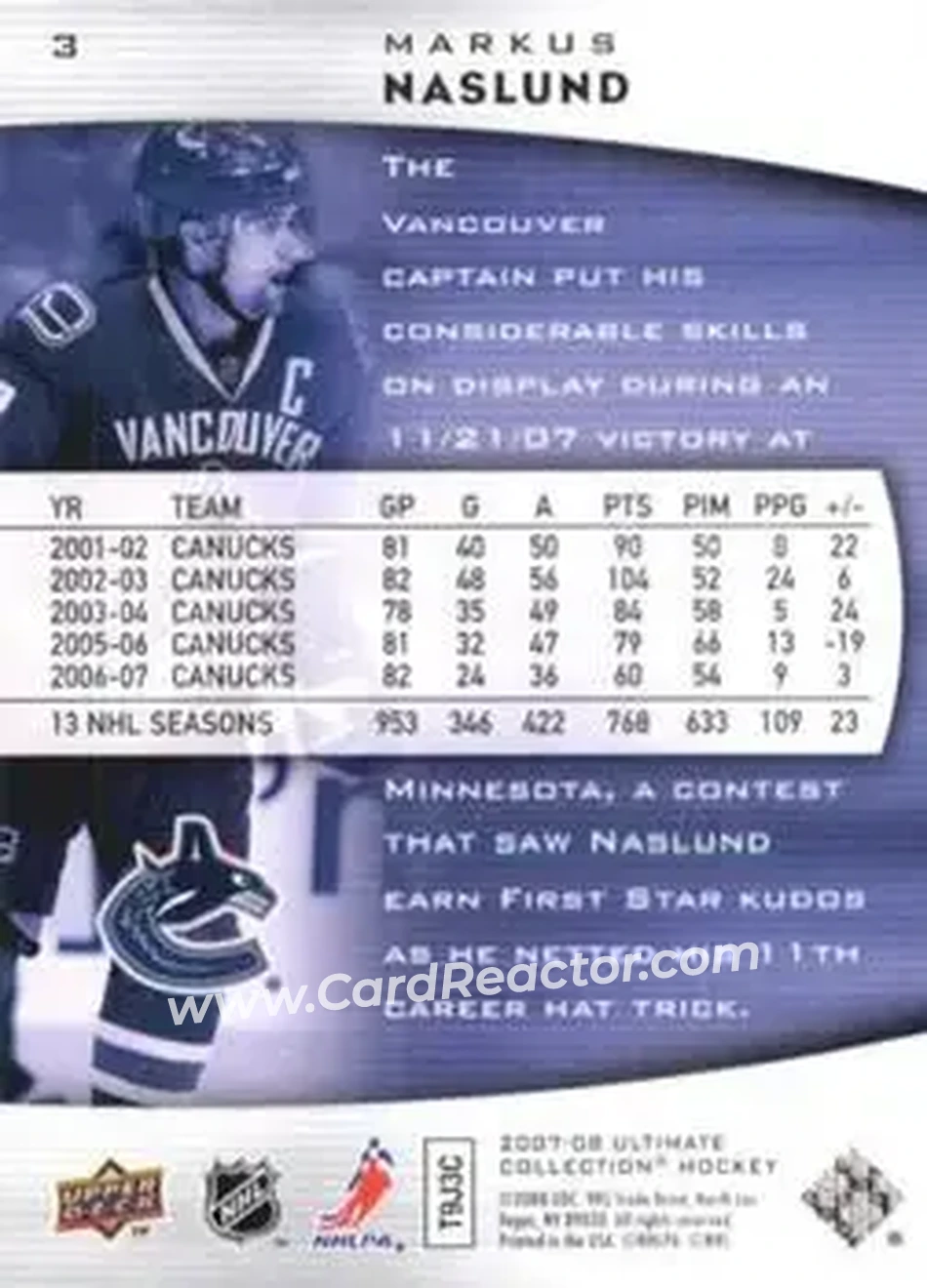 2007-08 Upper Deck Ultimate Collection #3 - Markus Naslund - Vancouver Canucks - Back