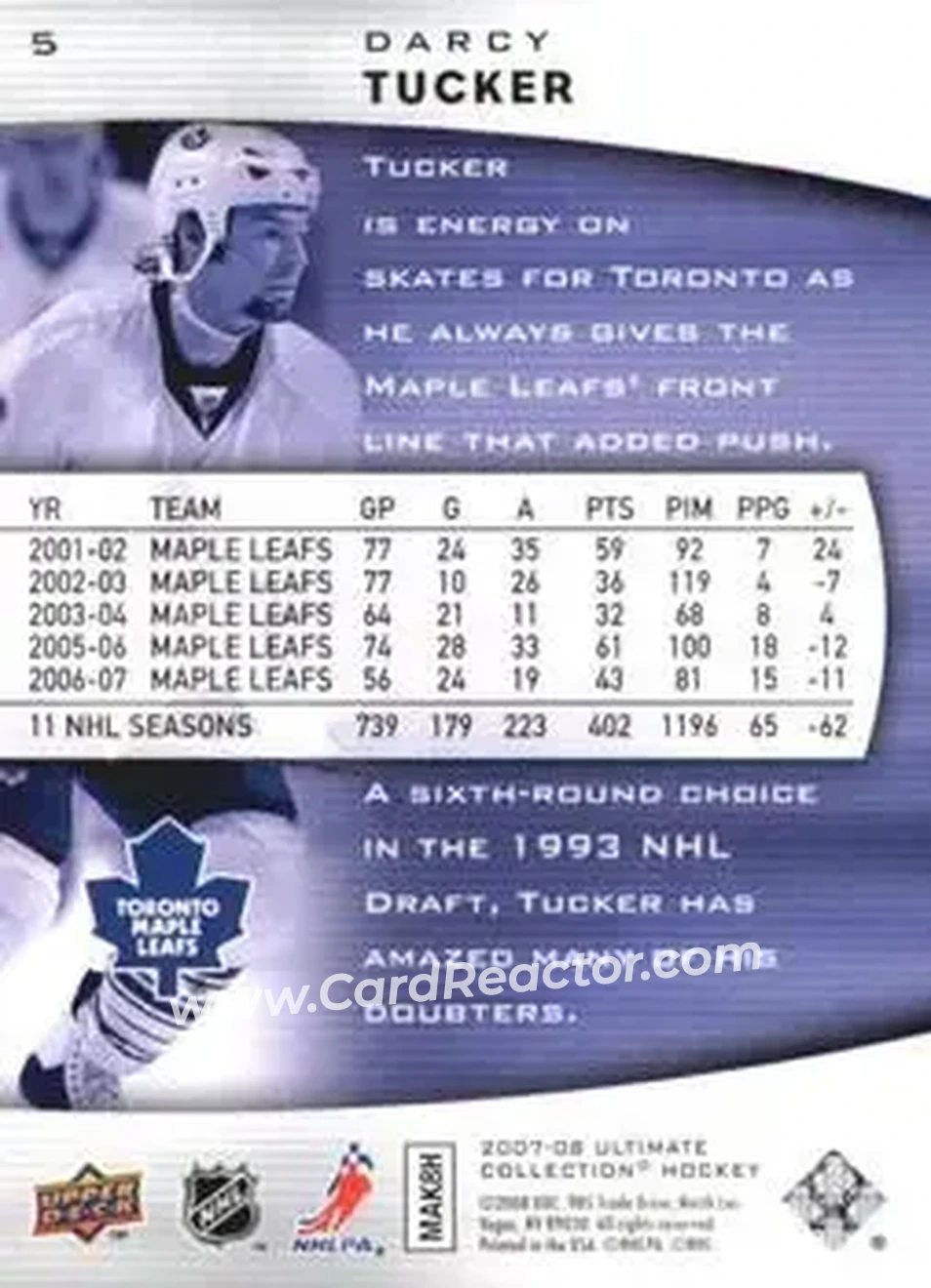 2007-08 Upper Deck Ultimate Collection #5 - Darcy Tucker - Toronto Maple Leafs - Back 2007-08 Upper Deck Ultimate Collection #5 - Darcy Tucker - Toronto Maple Leafs - Back