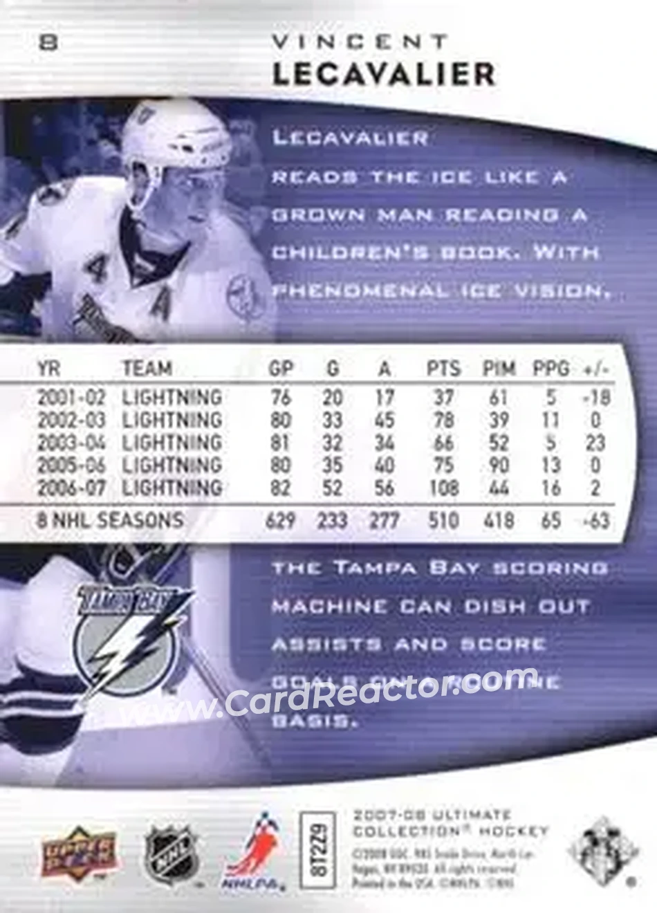 2007-08 Upper Deck Ultimate Collection #8 - Vincent Lecavalier - Tampa Bay Lightning - Back 2007-08 Upper Deck Ultimate Collection #8 - Vincent Lecavalier - Tampa Bay Lightning - Back