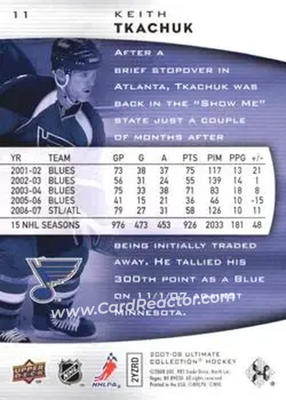 2007-08 Upper Deck Ultimate Collection #11 - Keith Tkachuk - St. Louis Blues - Back