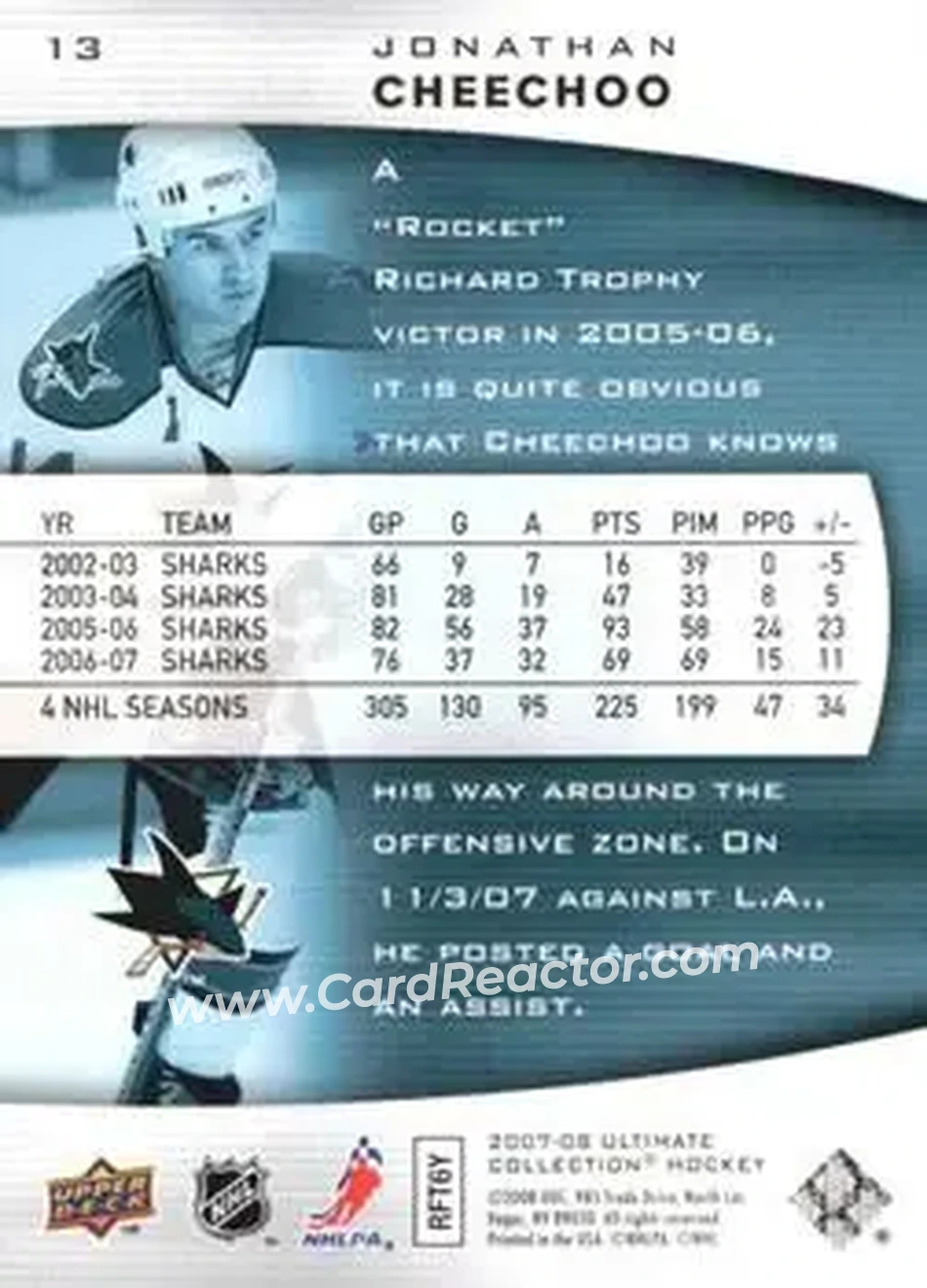 2007-08 Upper Deck Ultimate Collection #13 - Jonathan Cheechoo - San Jose Sharks - Back