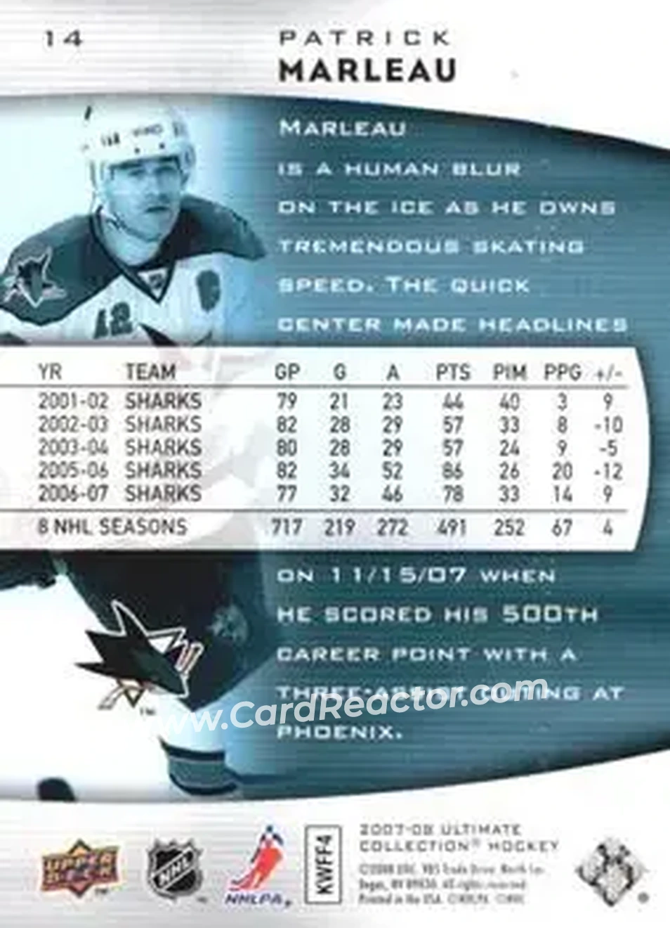 2007-08 Upper Deck Ultimate Collection #14 - Patrick Marleau - San Jose Sharks - Back