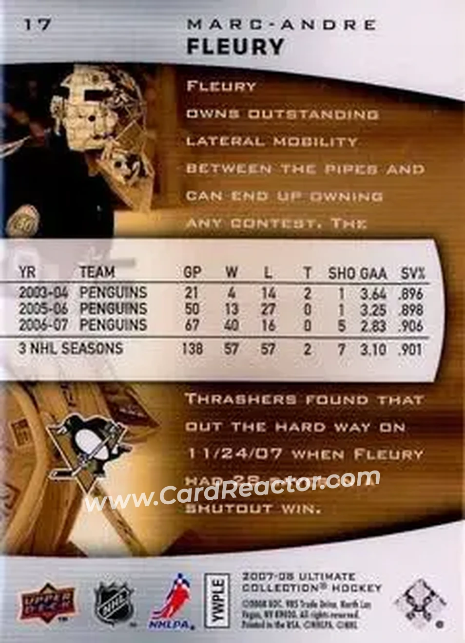 2007-08 Upper Deck Ultimate Collection #17 - Marc-Andre Fleury - Pittsburgh Penguins - Back