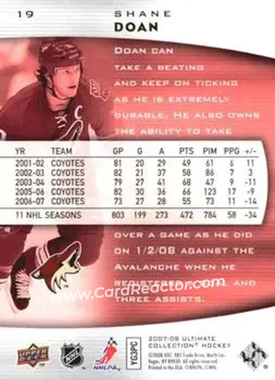2007-08 Upper Deck Ultimate Collection #19 - Shane Doan - Phoenix Coyotes - Back 2007-08 Upper Deck Ultimate Collection #19 - Shane Doan - Phoenix Coyotes - Back