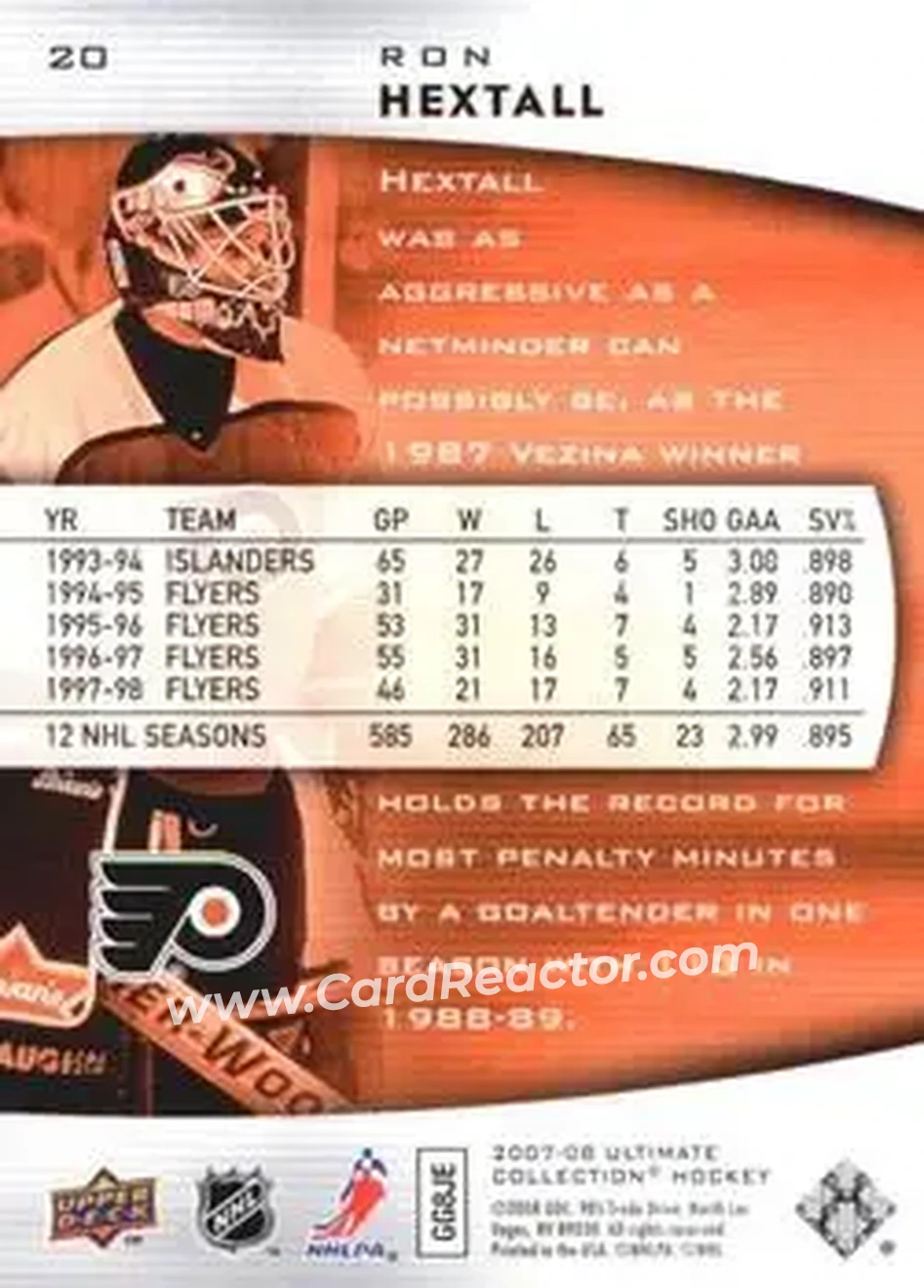 2007-08 Upper Deck Ultimate Collection #20 - Ron Hextall - Philadelphia Flyers - Back