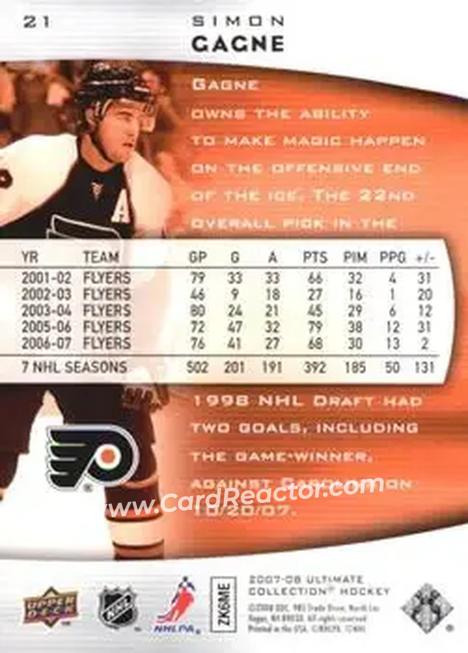 2007-08 Upper Deck Ultimate Collection #21 - Simon Gagne - Philadelphia Flyers - Back 2007-08 Upper Deck Ultimate Collection #21 - Simon Gagne - Philadelphia Flyers - Back