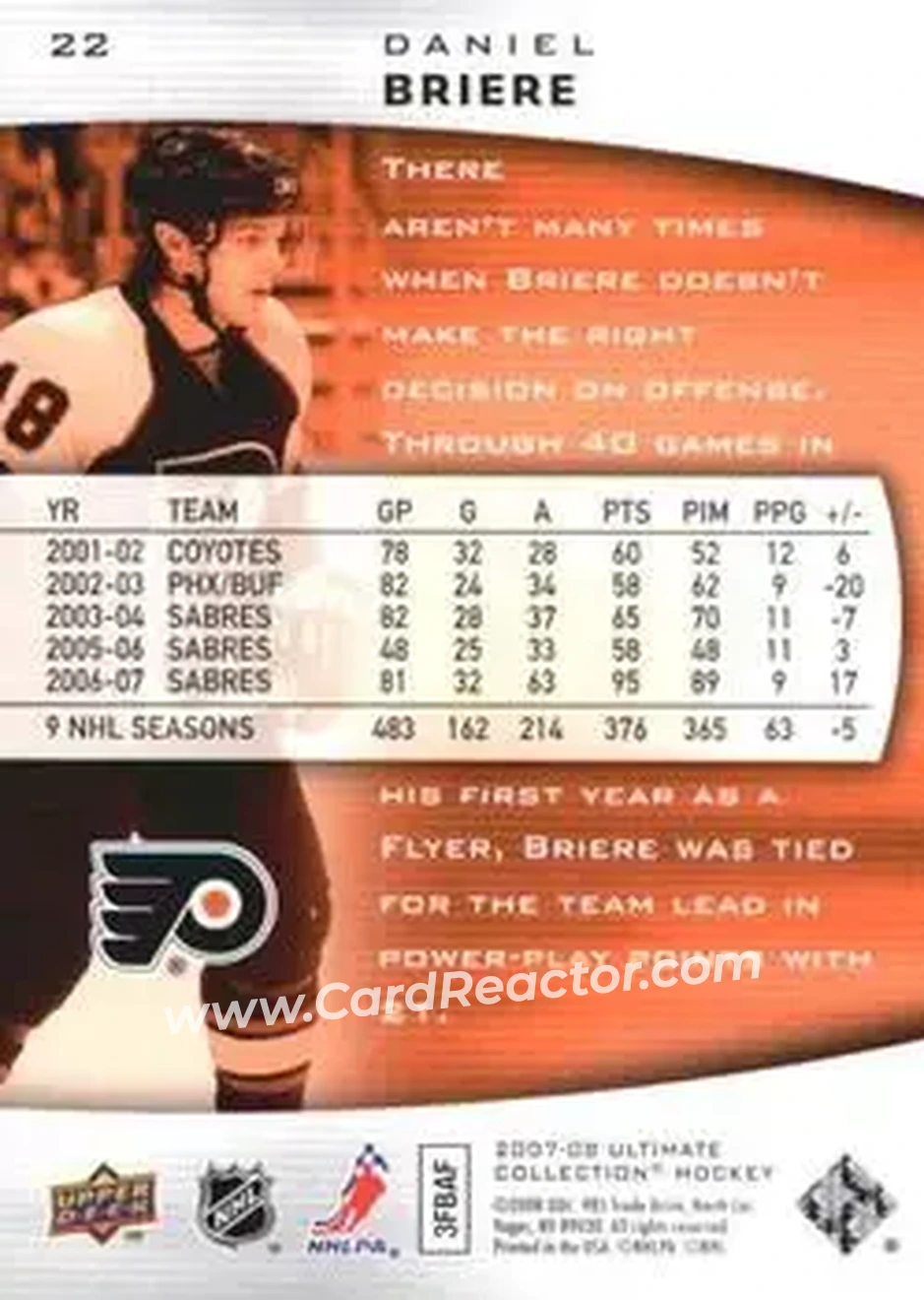 2007-08 Upper Deck Ultimate Collection #22 - Daniel Briere - Philadelphia Flyers - Back