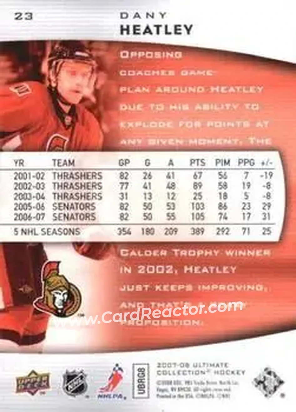 2007-08 Upper Deck Ultimate Collection #23 - Dany Heatley - Ottawa Senators - Back