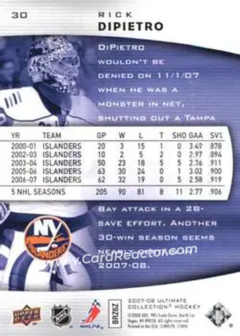 2007-08 Upper Deck Ultimate Collection #30 - Rick DiPietro - New York Islanders - Back 2007-08 Upper Deck Ultimate Collection #30 - Rick DiPietro - New York Islanders - Back