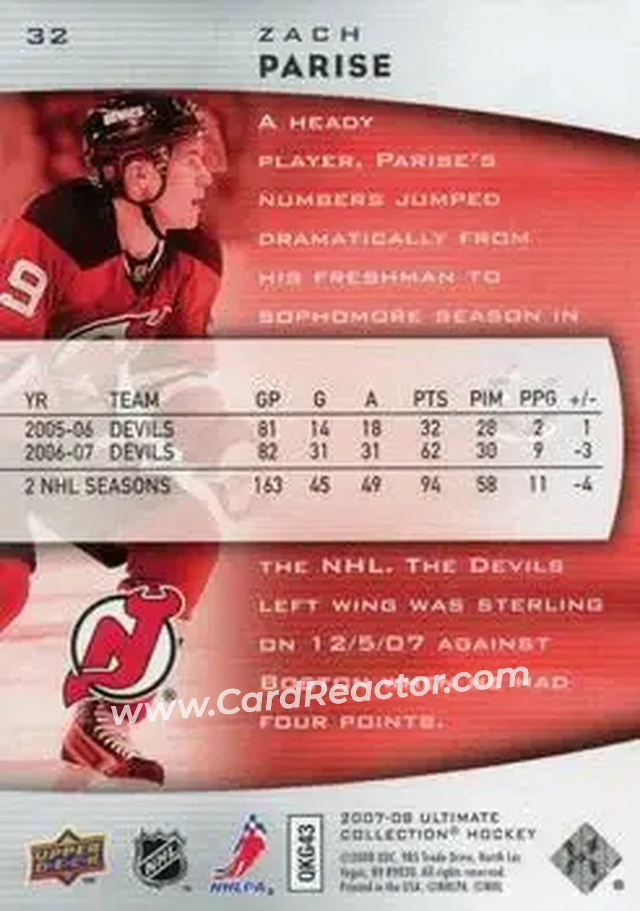 2007-08 Upper Deck Ultimate Collection #32 - Zach Parise - New Jersey Devils - Back 2007-08 Upper Deck Ultimate Collection #32 - Zach Parise - New Jersey Devils - Back