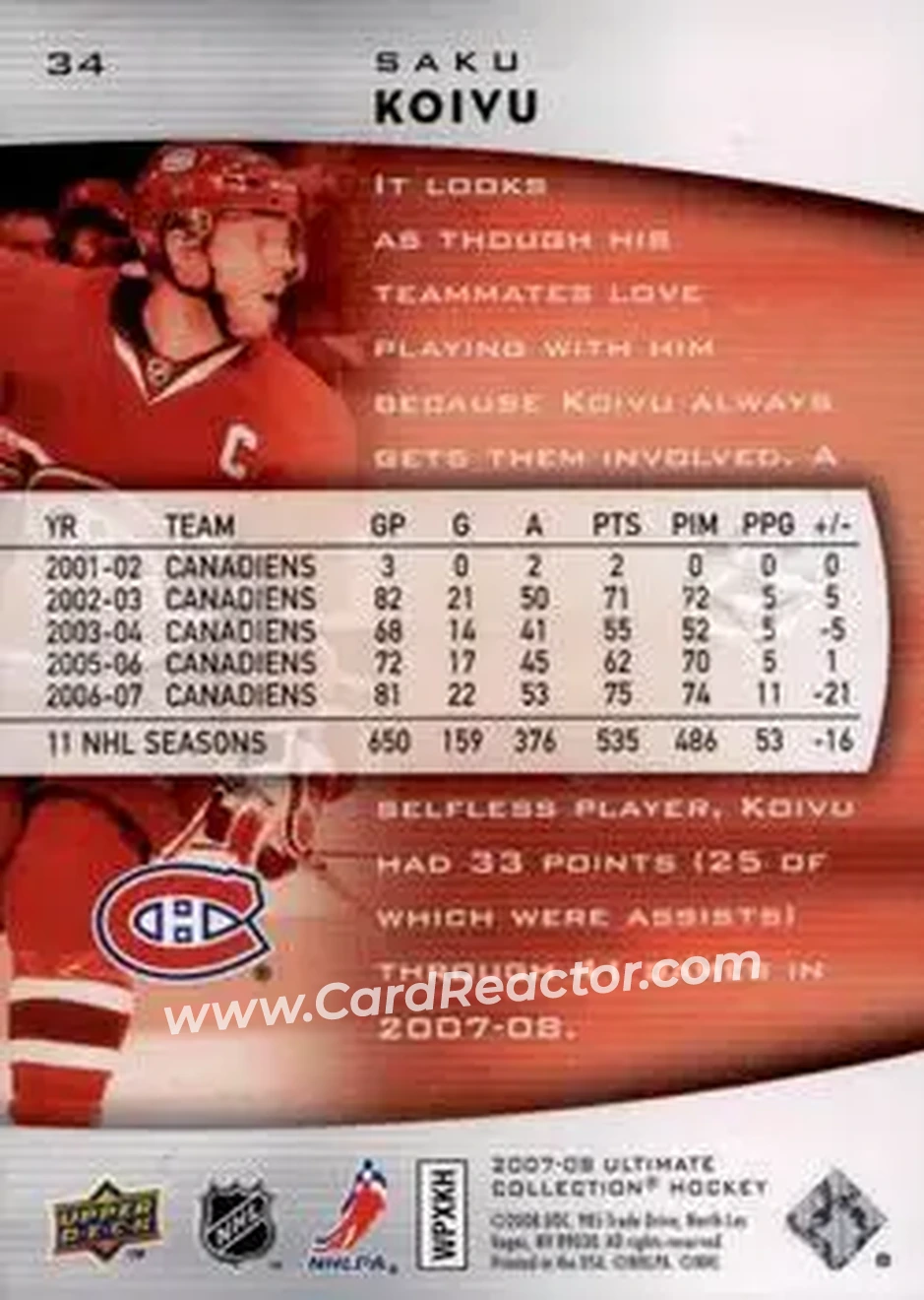 2007-08 Upper Deck Ultimate Collection #34 - Saku Koivu - Montreal Canadiens - Back