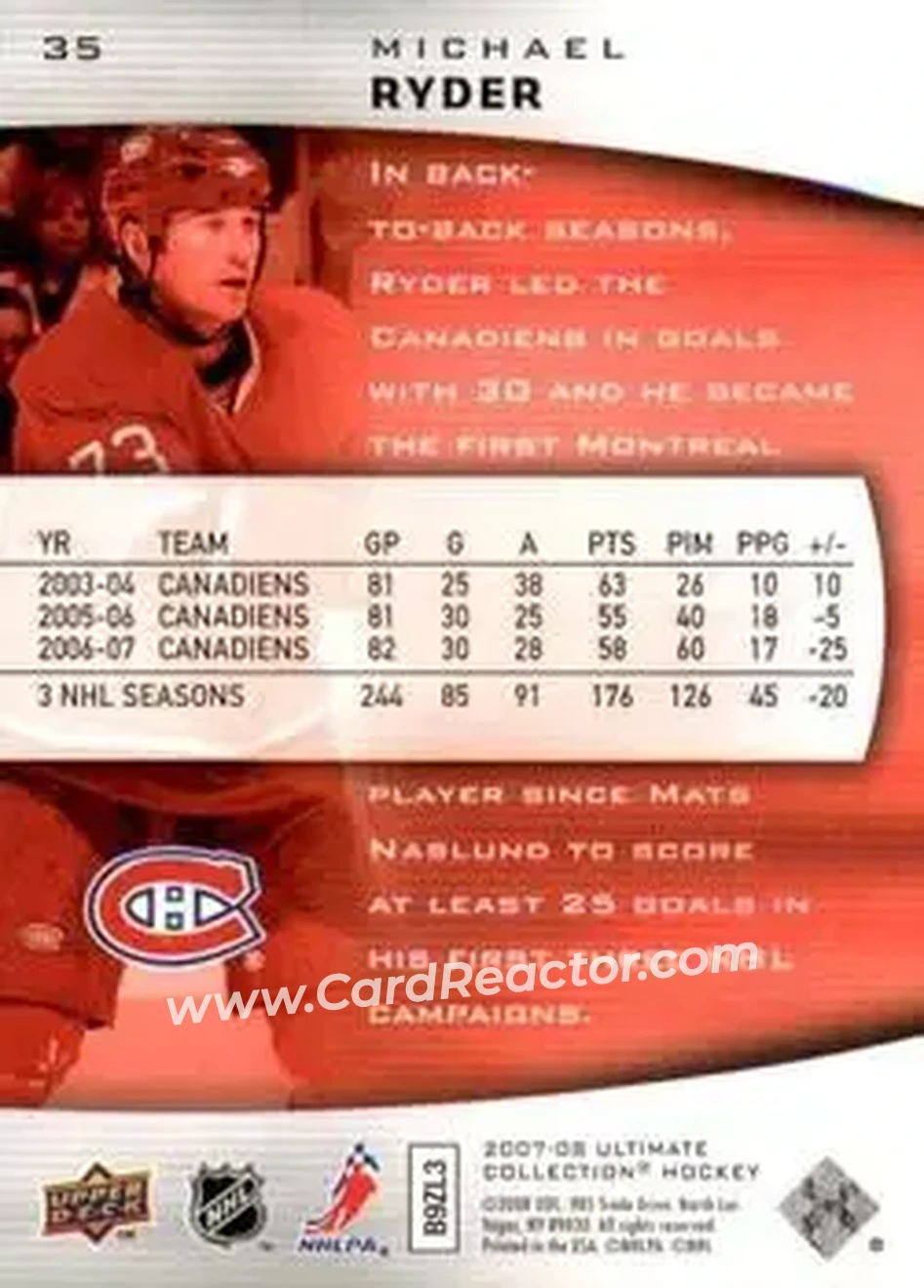 2007-08 Upper Deck Ultimate Collection #35 - Michael Ryder - Montreal Canadiens - Back 2007-08 Upper Deck Ultimate Collection #35 - Michael Ryder - Montreal Canadiens - Back