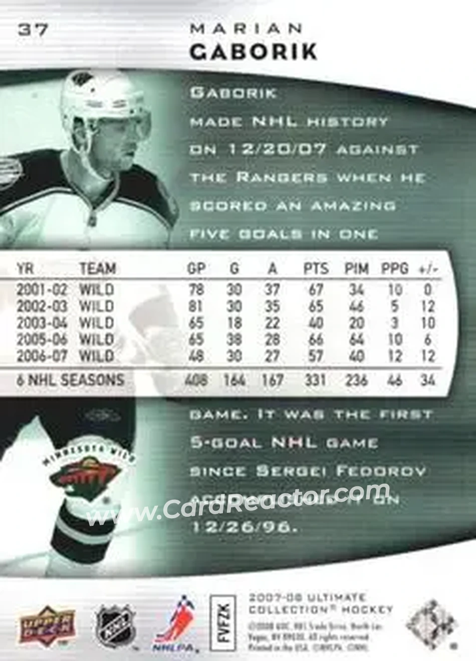 2007-08 Upper Deck Ultimate Collection #37 - Marian Gaborik - Minnesota Wild - Back