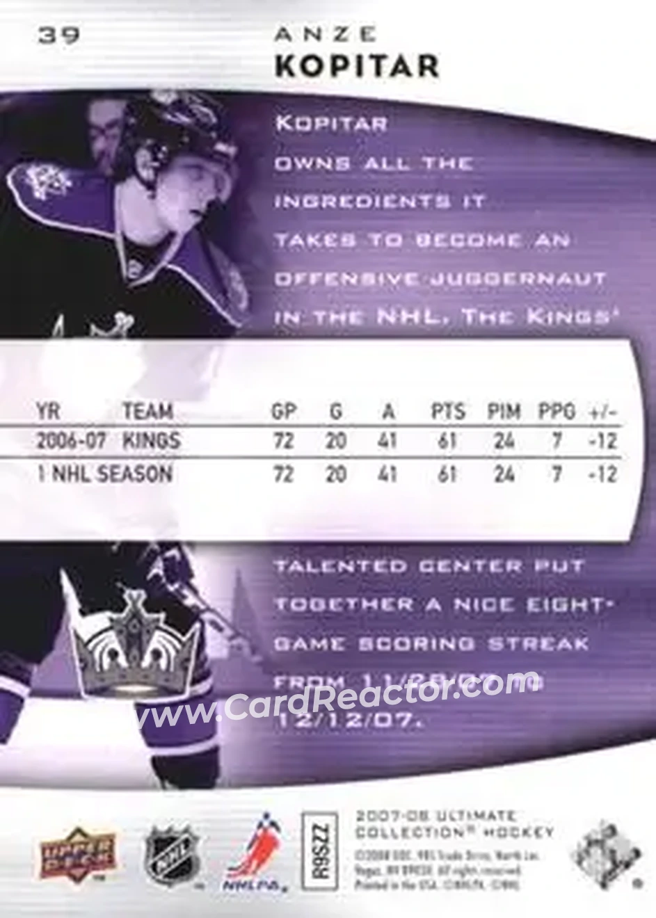2007-08 Upper Deck Ultimate Collection #39 - Anze Kopitar - Los Angeles Kings - Back