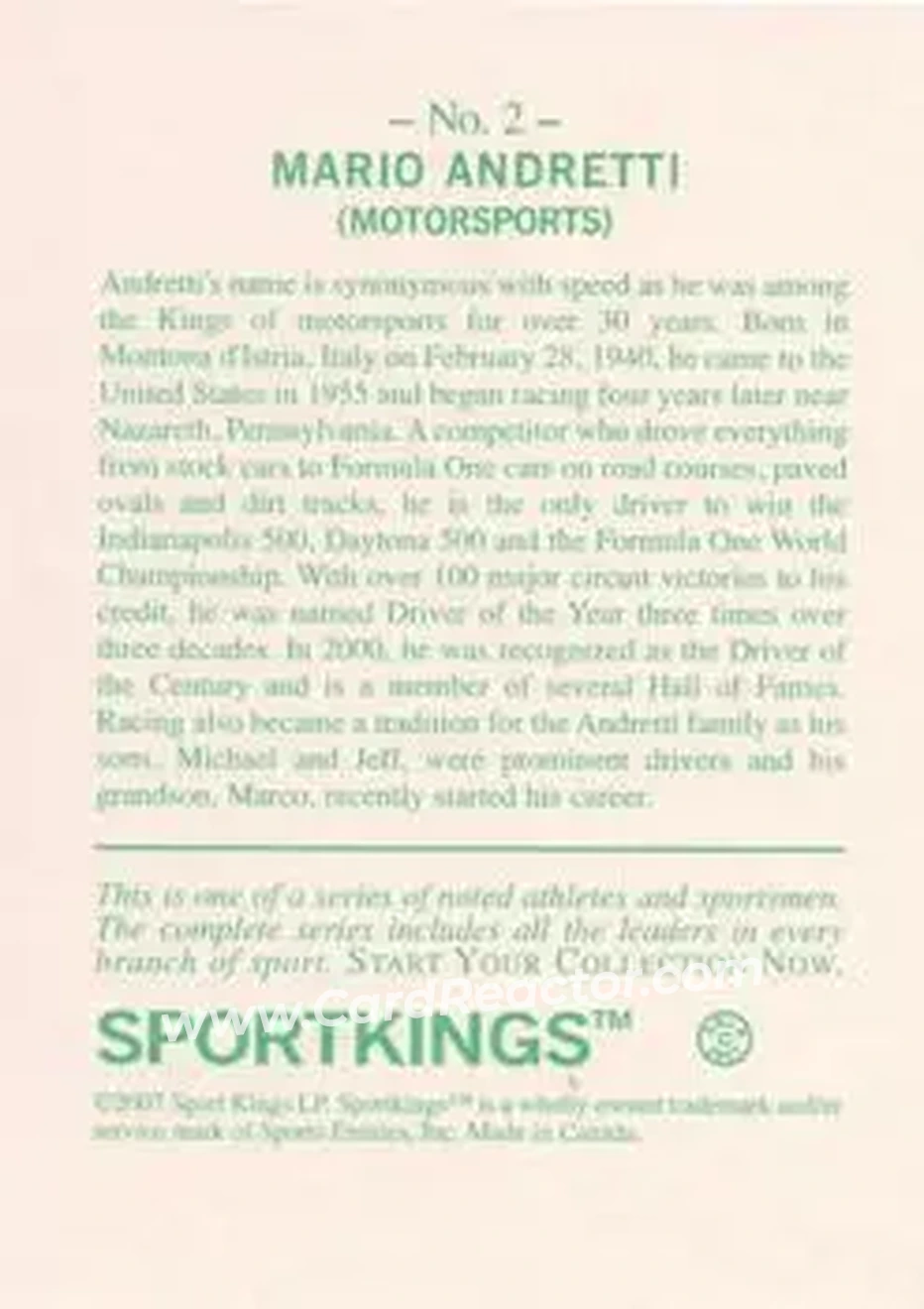 2007 Sportkings Series A #2 - Mario Andretti - Back