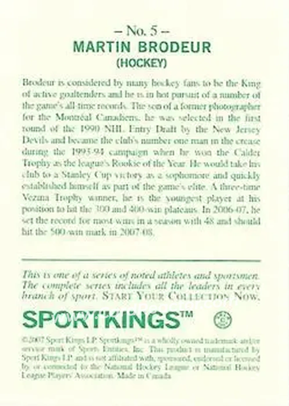 2007 Sportkings Series A #5 - Martin Brodeur - New Jersey Devils - Back