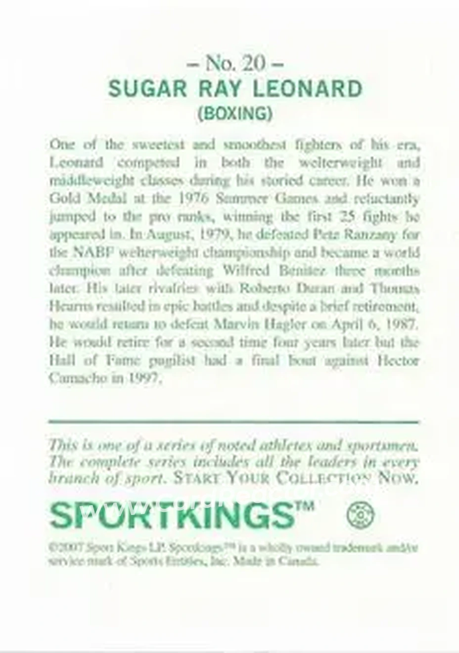 2007 Sportkings Series A #20 - Sugar Ray Leonard - Back