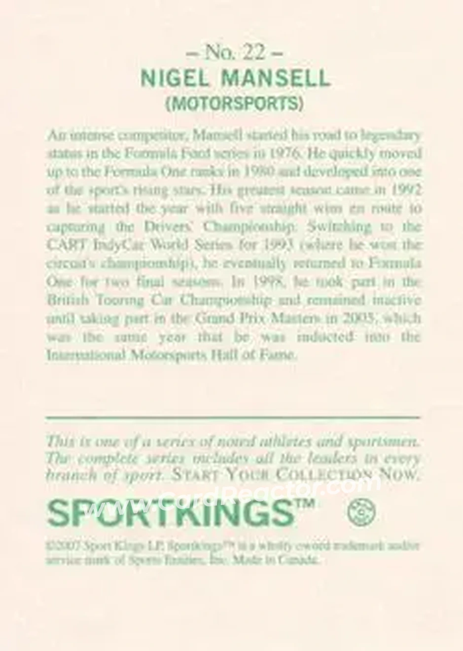 2007 Sportkings Series A #22 - Nigel Mansell - Back 2007 Sportkings Series A #22 - Nigel Mansell - Back