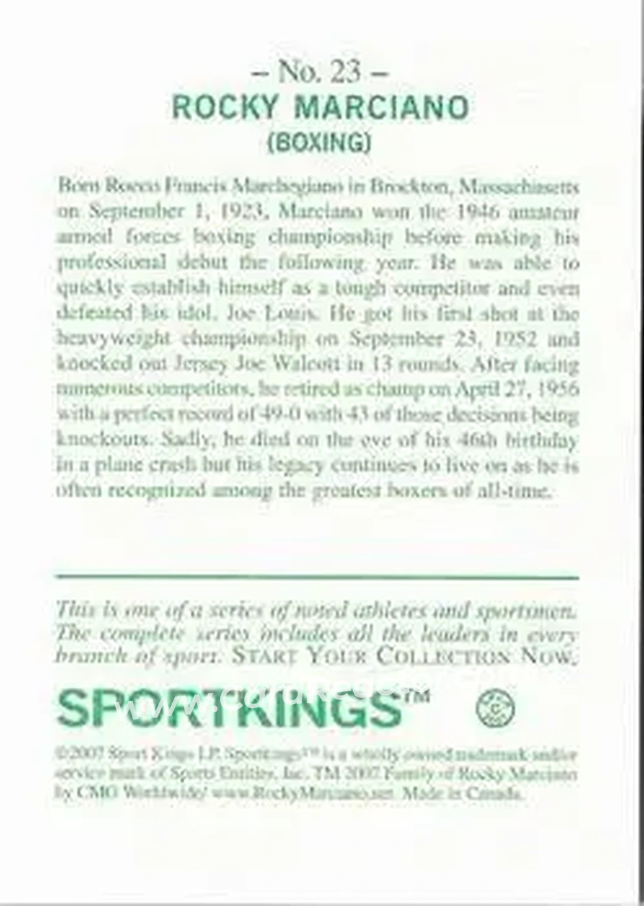 2007 Sportkings Series A #23 - Rocky Marciano - Back