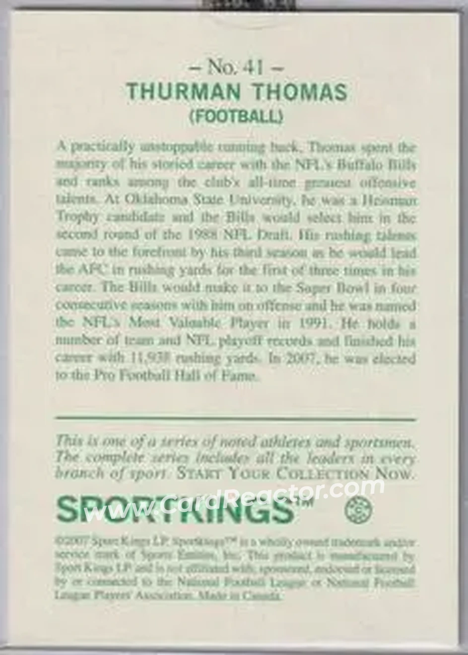 2007 Sportkings Series A #41 - Thurman Thomas - Buffalo Bills - Back