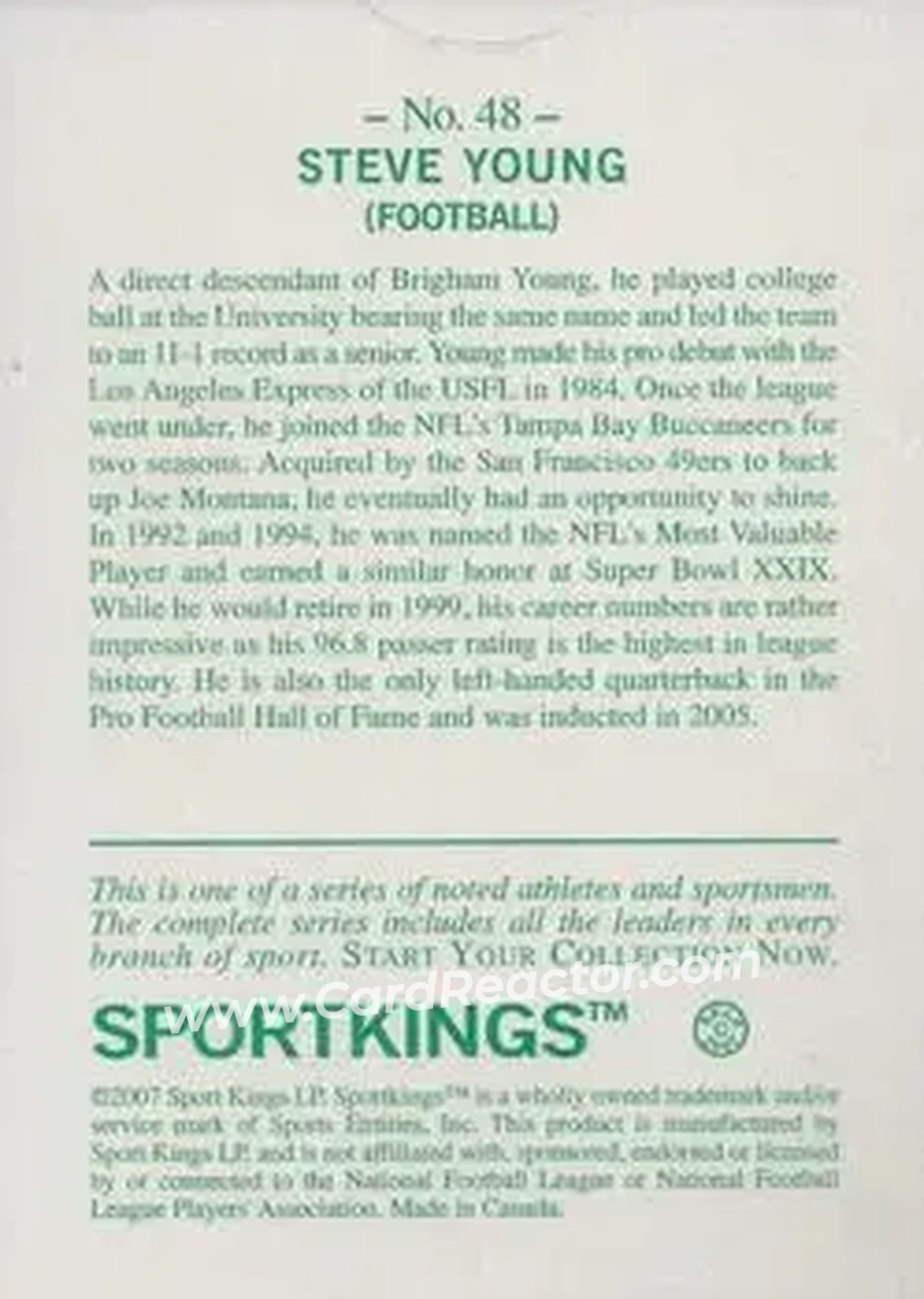 2007 Sportkings Series A #48 - Steve Young - San Francisco 49ers - Back