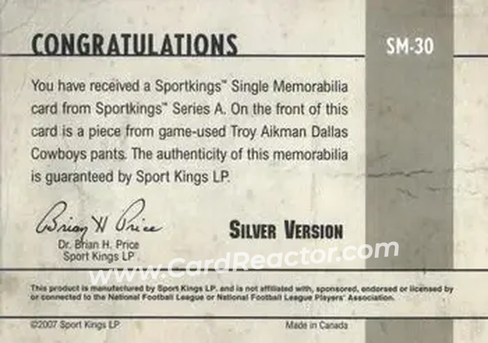 2007 Sportkings Series A - Single Memorabilia Silver #SM-30 - Troy Aikman - Back