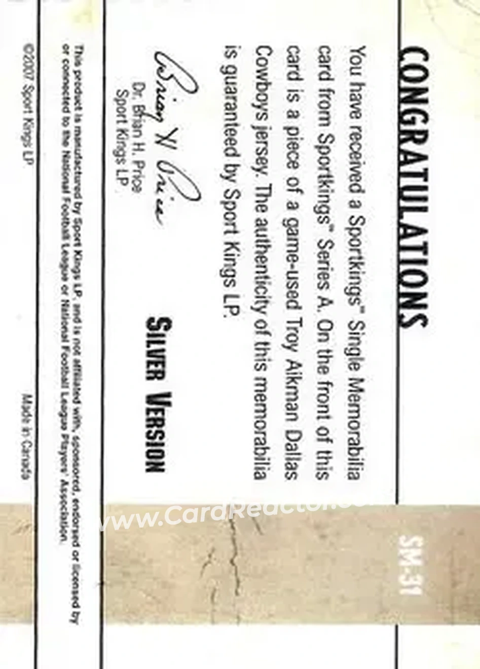 2007 Sportkings Series A - Single Memorabilia Silver #SM-31 - Troy Aikman - Dallas Cowboys - Back