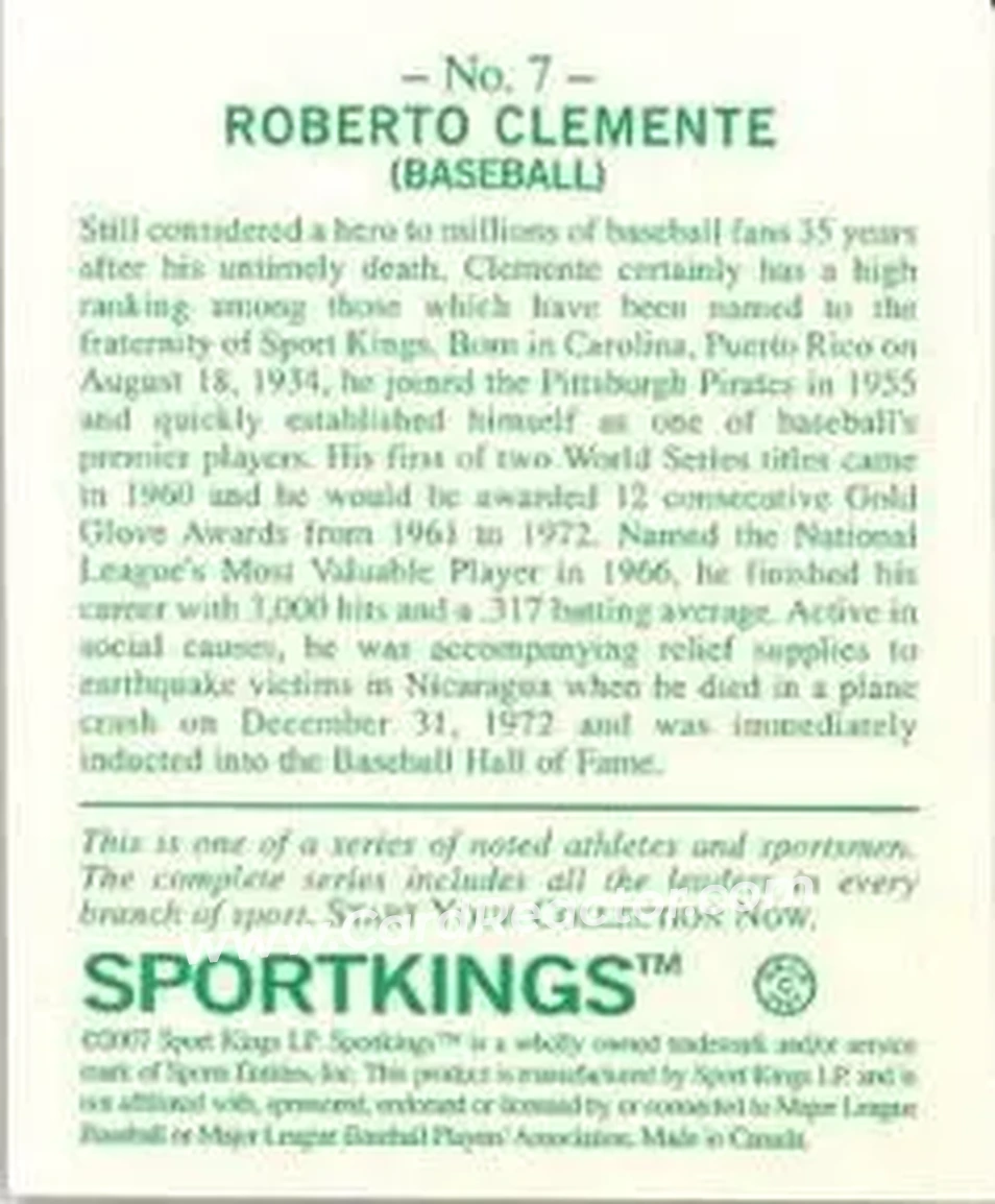 2007 Sportkings Series A - Mini #7 - Bob Clemente - Pittsburgh Pirates - Back