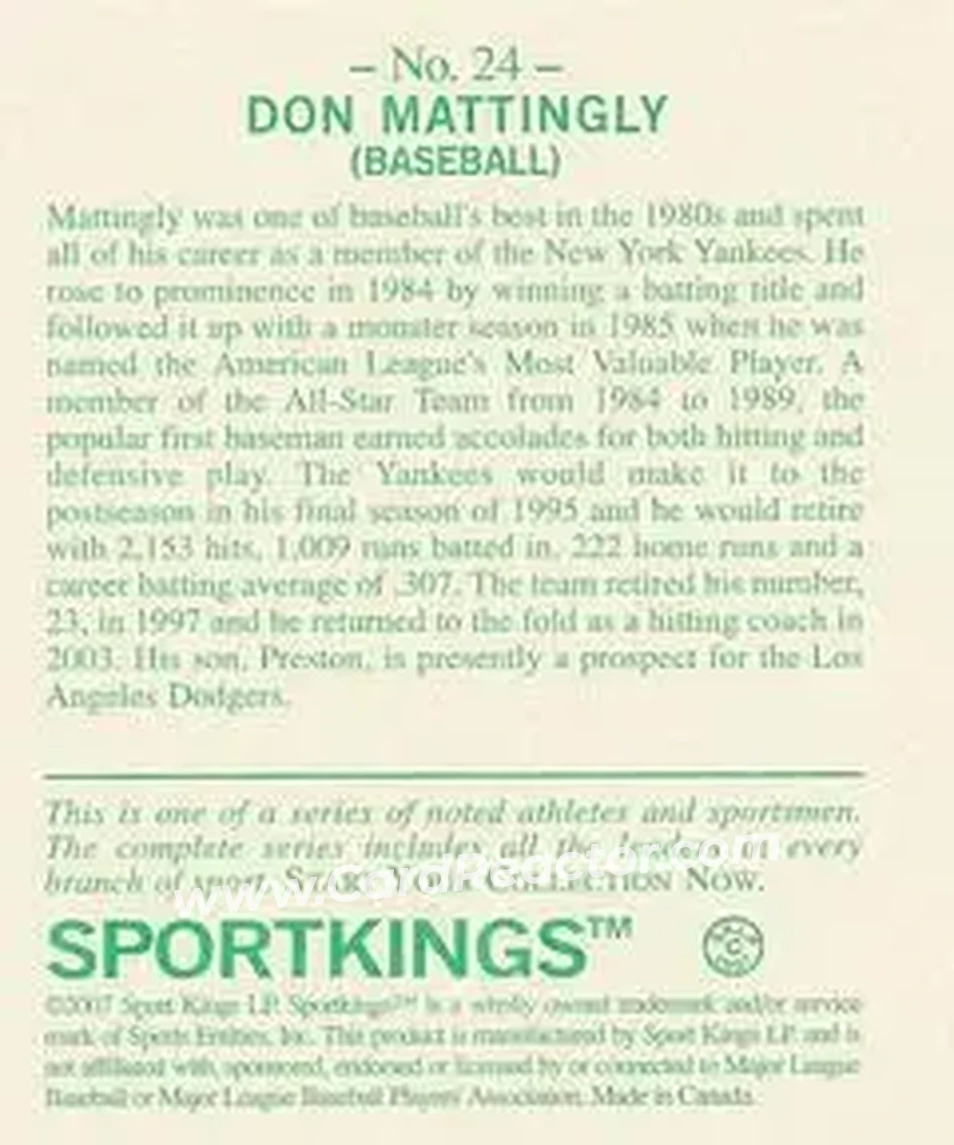 2007 Sportkings Series A - Mini #24 - Don Mattingly - New York Yankees - Back