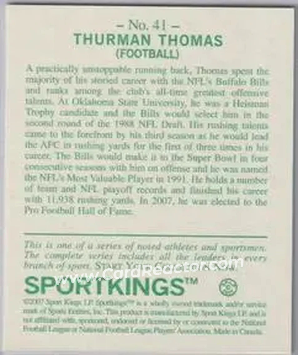 2007 Sportkings Series A - Mini #41 - Thurman Thomas - Buffalo Bills - Back