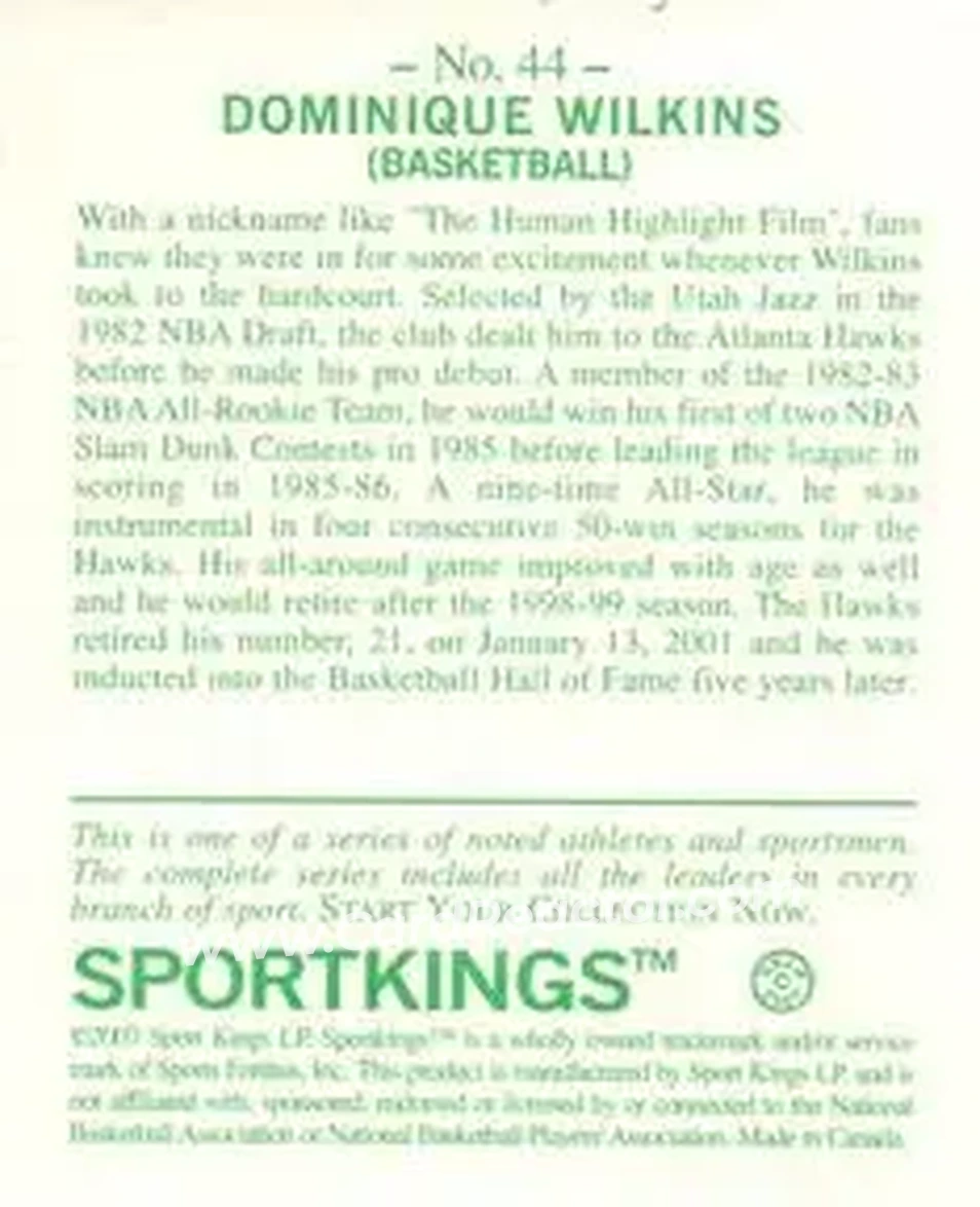 2007 Sportkings Series A - Mini #44 - Dominique Wilkins - Atlanta Hawks - Back