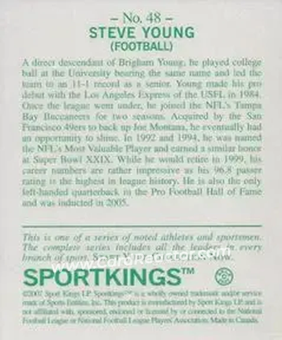 2007 Sportkings Series A - Mini #48 - Steve Young - San Francisco 49ers - Back