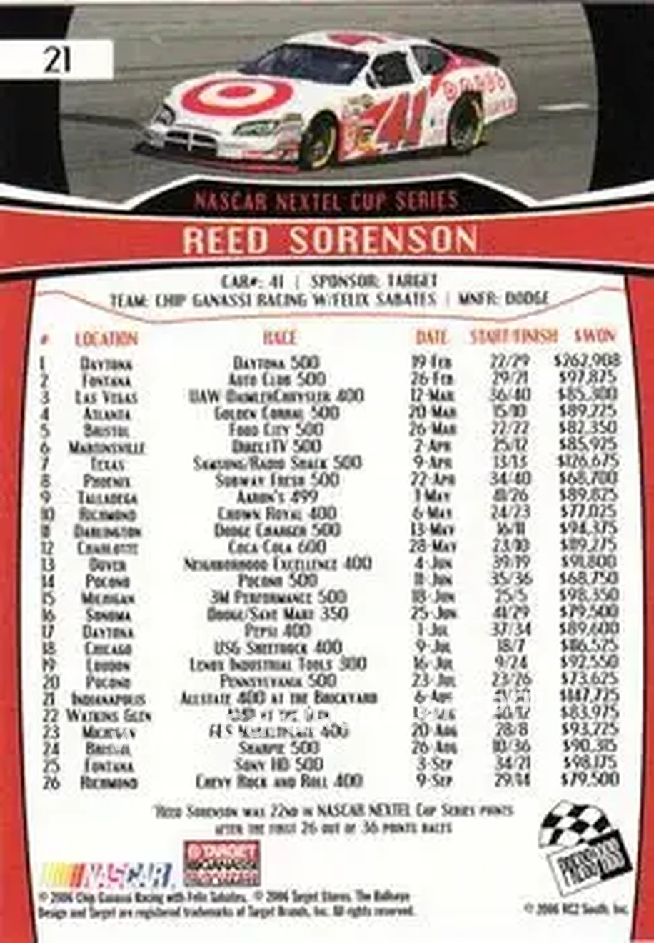 2007 Press Pass #21 - Reed Sorenson - Chip Ganassi Racing with Felix Sabates - Back