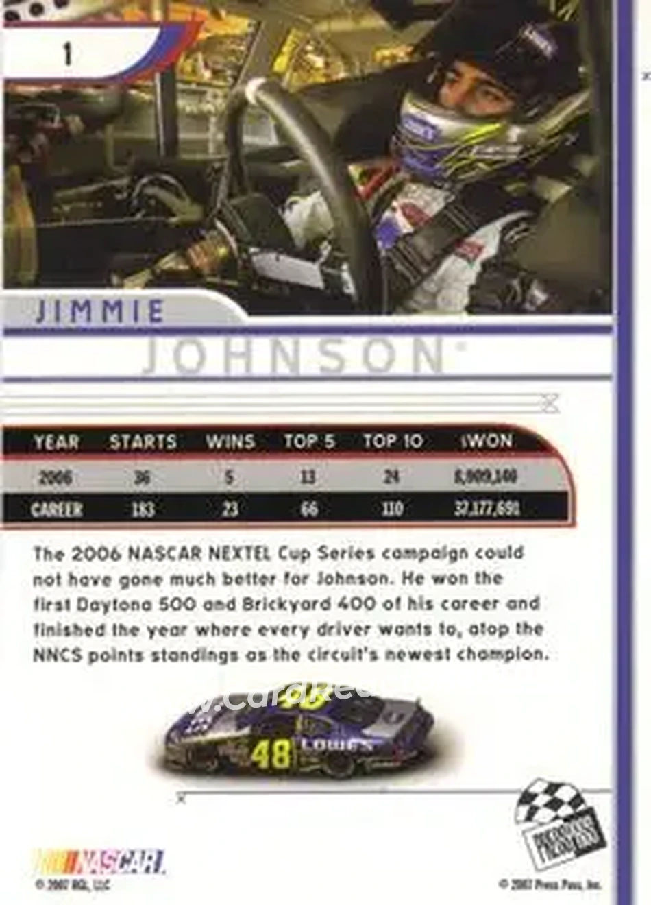 2007 Press Pass Eclipse #1 - Jimmie Johnson - Hendrick Motorsports - Back