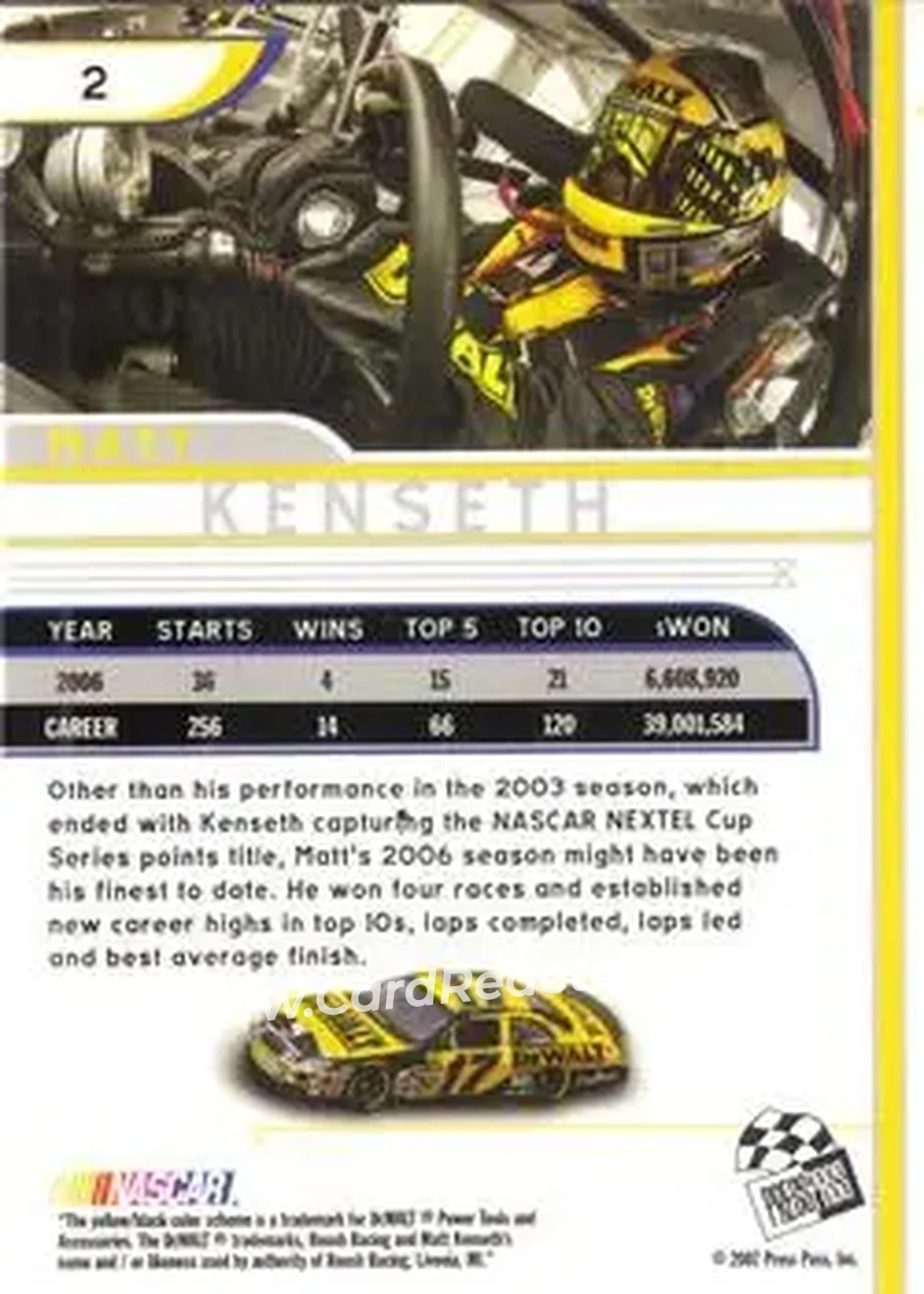 2007 Press Pass Eclipse #2 - Matt Kenseth - Roush Racing - Back