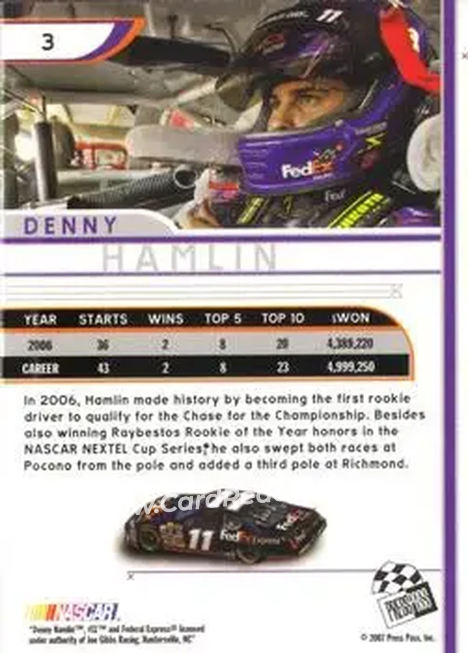 2007 Press Pass Eclipse #3 - Denny Hamlin - Joe Gibbs Racing - Back