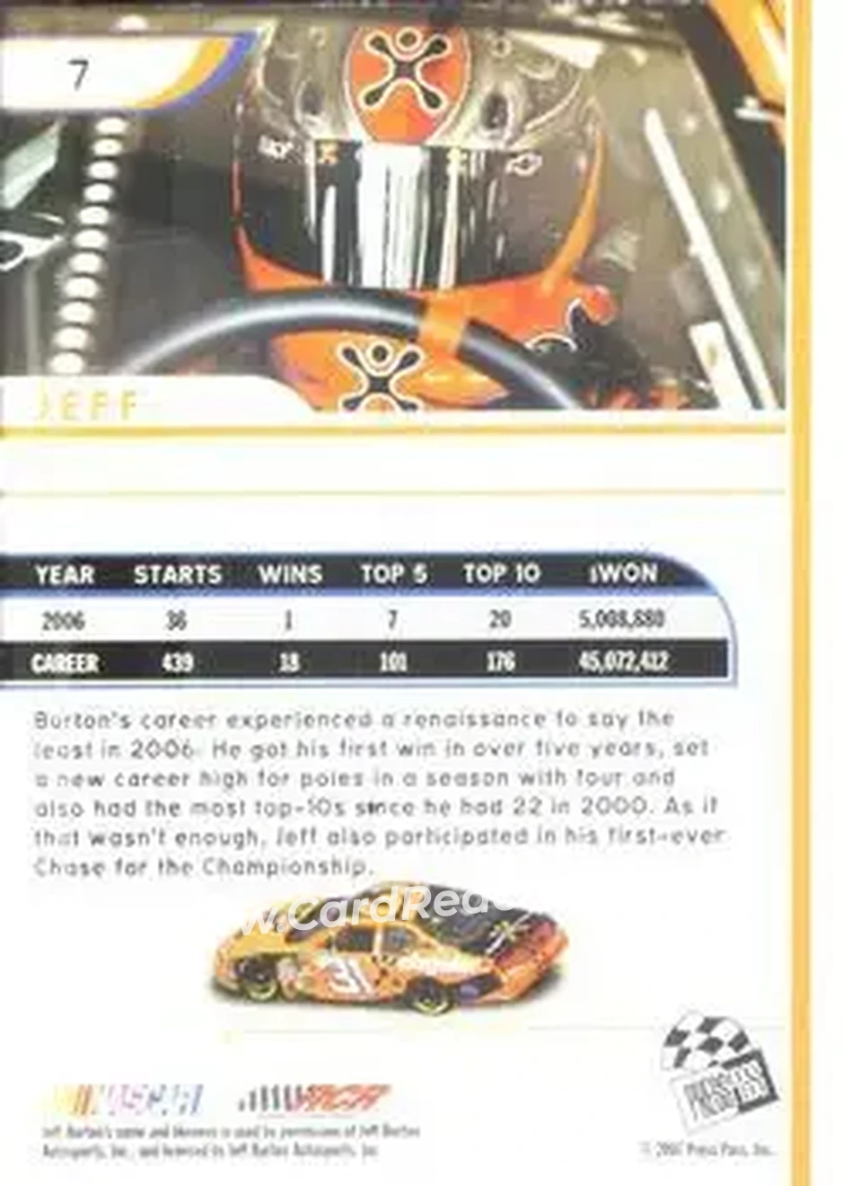2007 Press Pass Eclipse #7 - Jeff Burton - Richard Childress Racing - Back