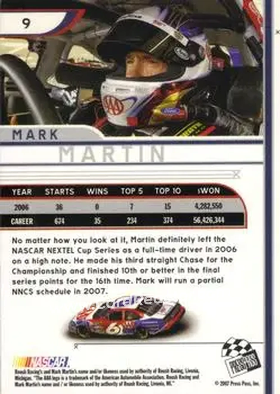 2007 Press Pass Eclipse #9 - Mark Martin - Roush Racing - Back