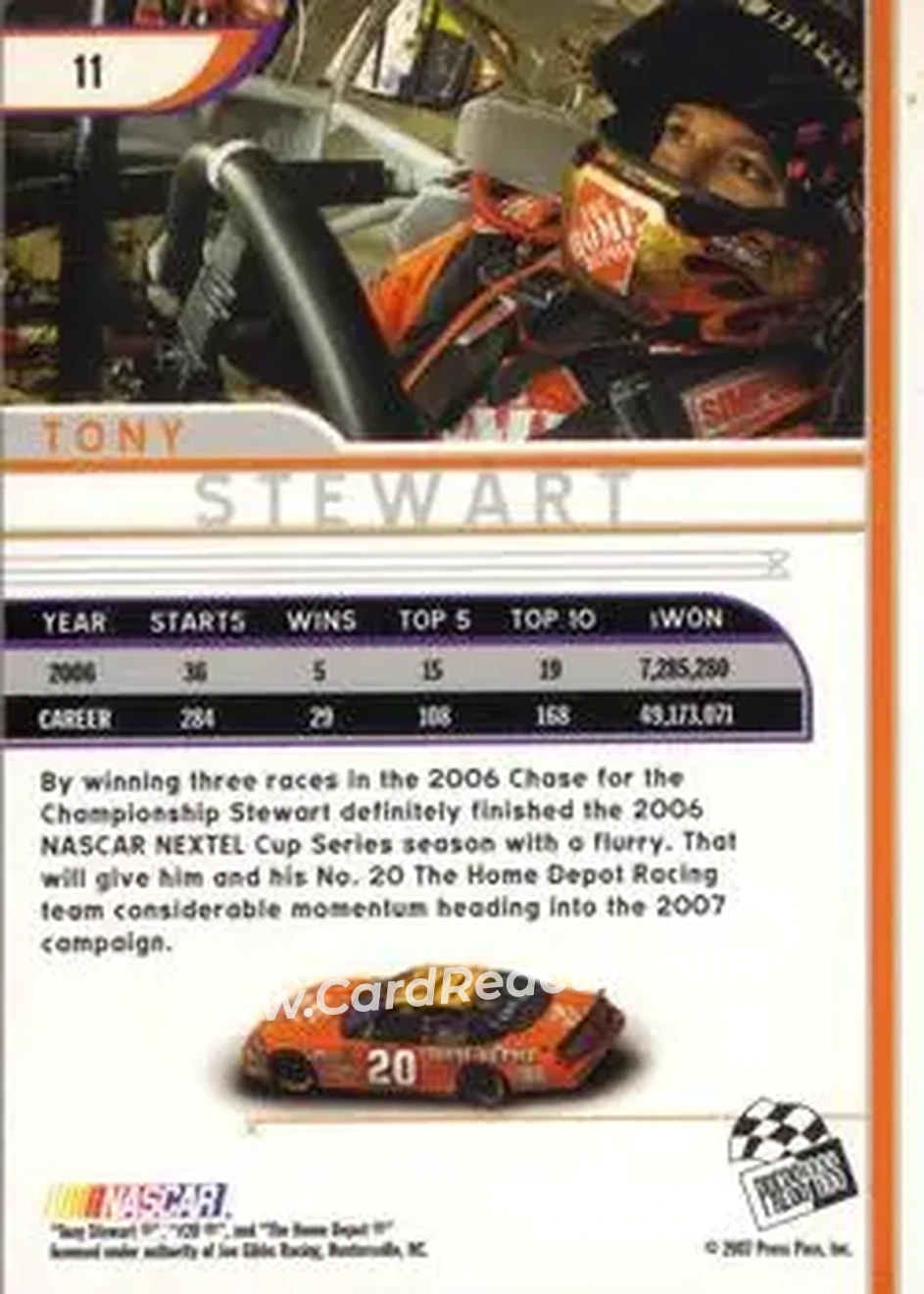 2007 Press Pass Eclipse #11 - Tony Stewart - Joe Gibbs Racing - Back