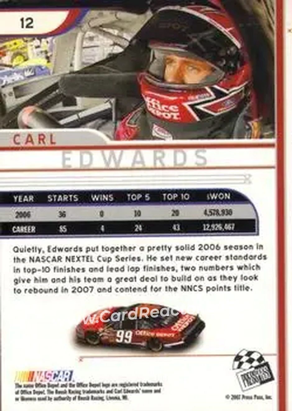2007 Press Pass Eclipse #12 - Carl Edwards - Roush Racing - Back
