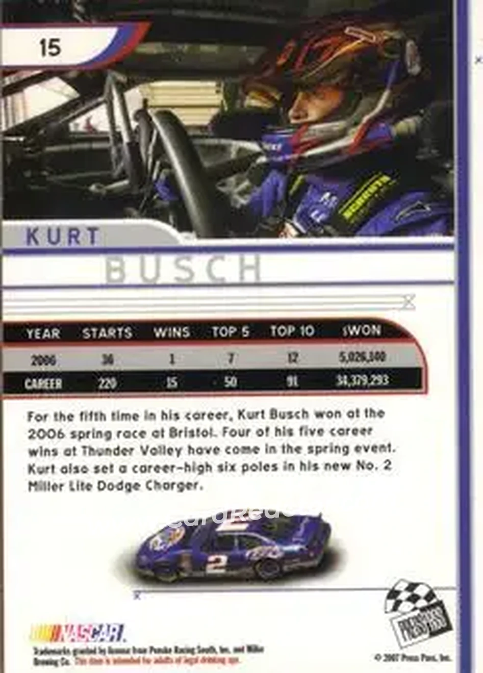 2007 Press Pass Eclipse #15 - Kurt Busch - Penske Racing South - Back