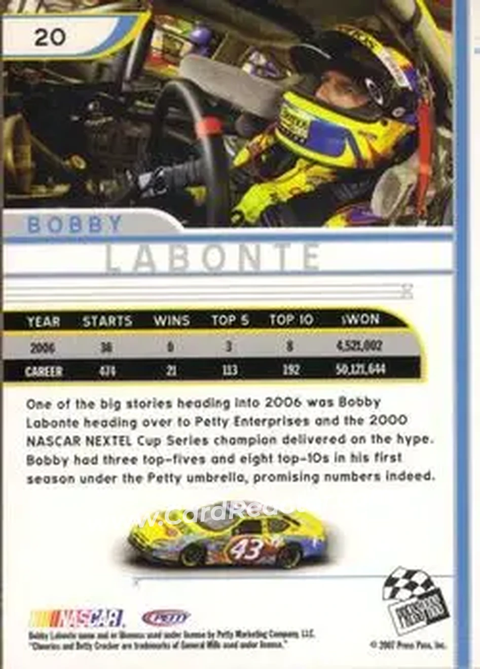 2007 Press Pass Eclipse #20 - Bobby Labonte - Petty Enterprises - Back